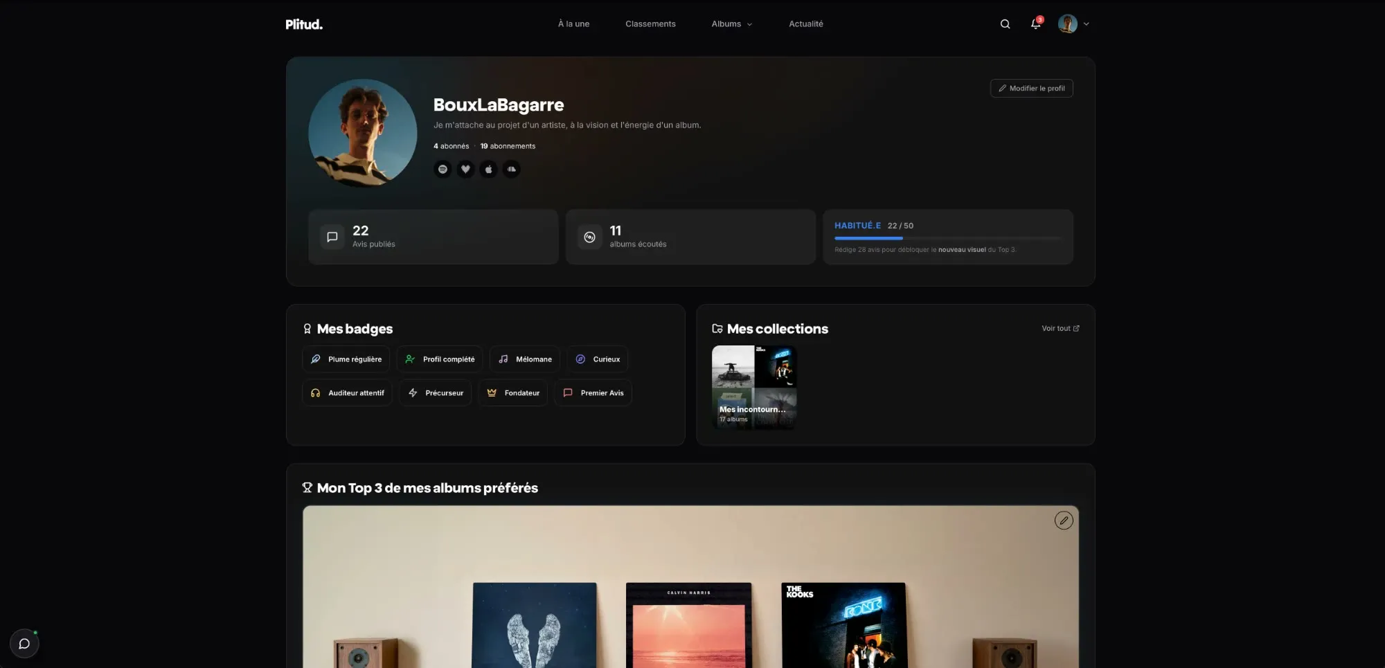 Plitud, un profil : avis publiés, albums écoutés, badges, collections et top 3