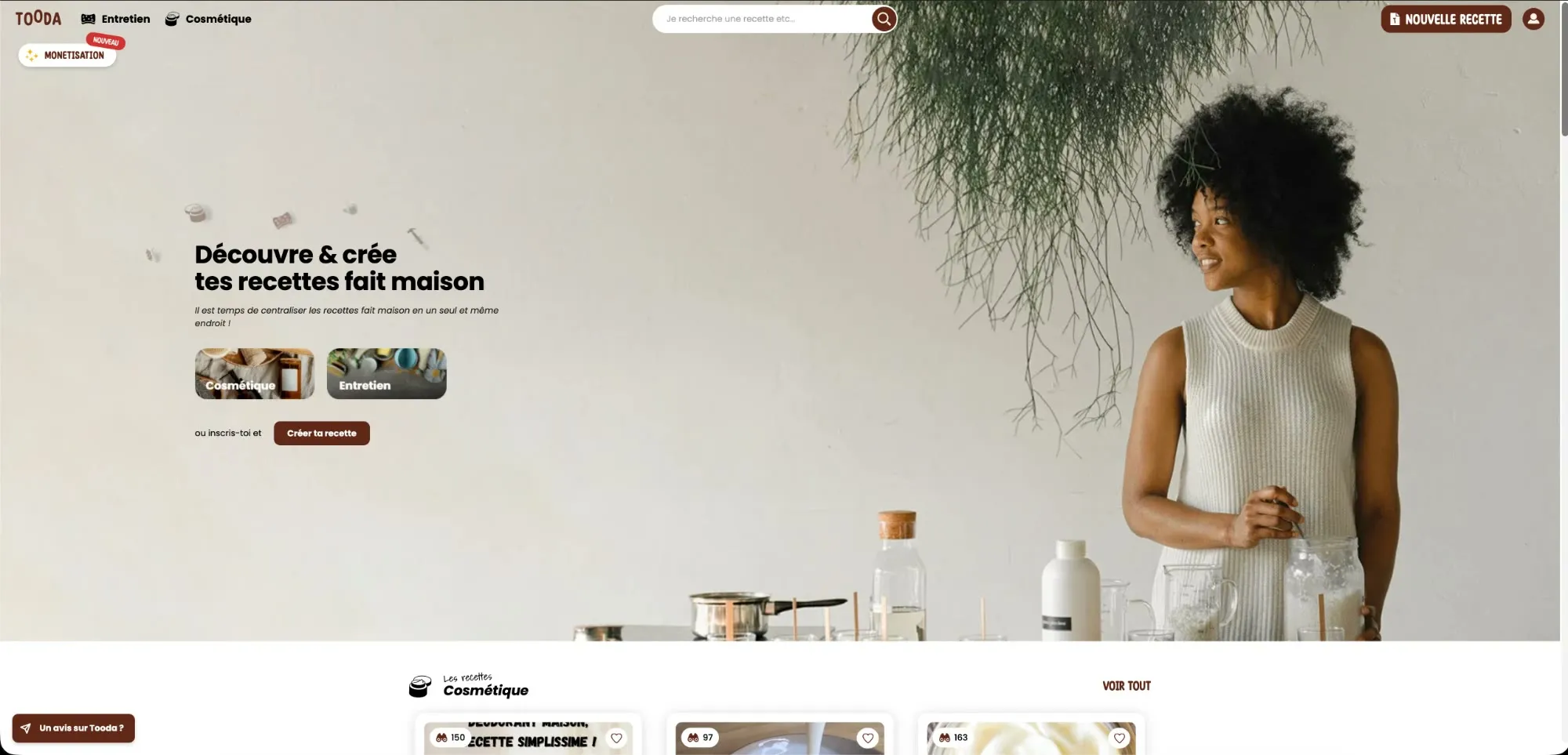 Page d’accueil de Tooda : « Découvre & crée tes recettes fait maison »