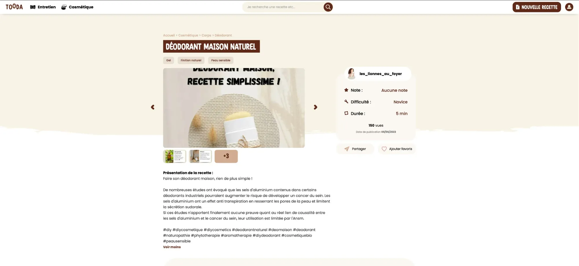 Tooda, une fiche recette : déodorant maison naturel, avec ses photos, sa note et sa durée