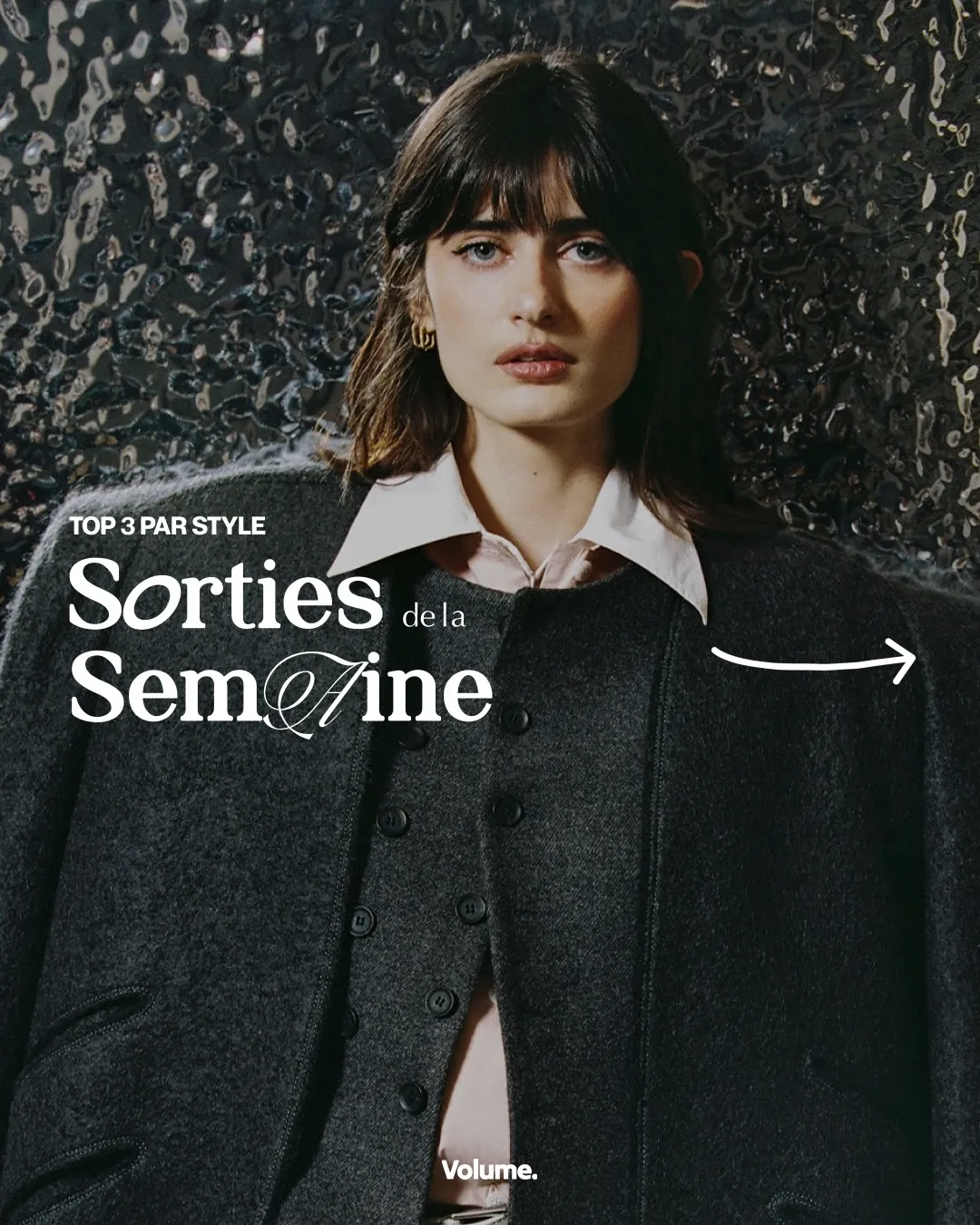 Visuel du Top 3 par style des sorties de la semaine, une artiste en veste grise sur fond métallisé